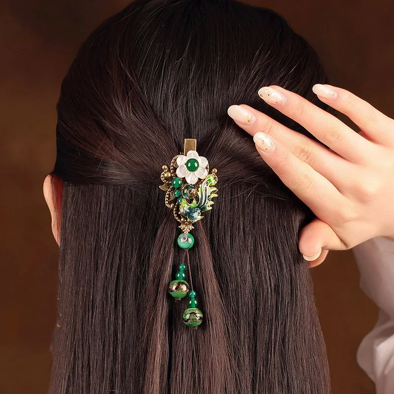 

Cloisonne Sea Shell Flower Hairpin Tassel Barrettes Chinese Enamel Hair Clip Jewelry Bronze alloy Ancient Ethnic Hair Accessory