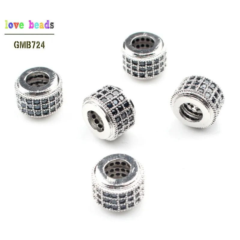 6*9mm CZ Basic Spacer Beads Micro Pave Column Zirconia DIY Metal Copper Spacer Beads For Men Beaded Bracelets Making 3pcs/lot