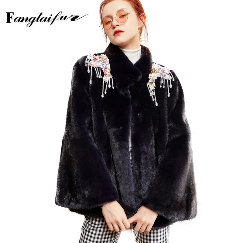 

Ftangaiur Winter Women Import Velvet Mink Fur Coat Mandarin Collar Loss Beading Mink Coats Women's ShortsReal Mink Fur Coats