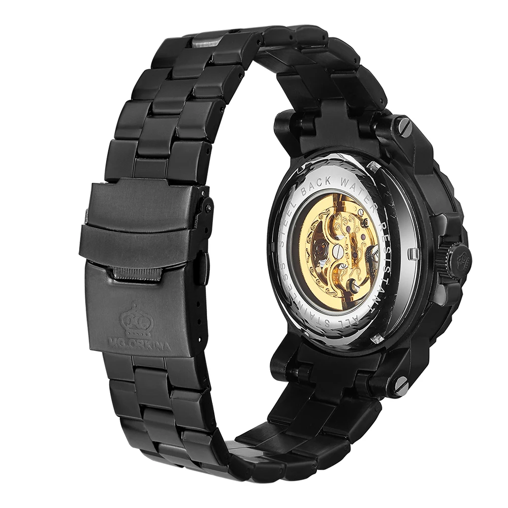 MG. ORKINA Men Wristwatch Golden Skeleton Clock Mechanical Male Wrist Watch Black Relogio Masculino Automatic Zegarek Meski