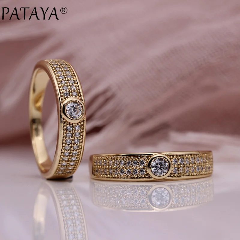 PATAYA New Micro-wax Inlay Luxury Women Rings 585 Rose Gold Color Wedding Fine Fashion Jewelry White Round Natural Zircon Ring