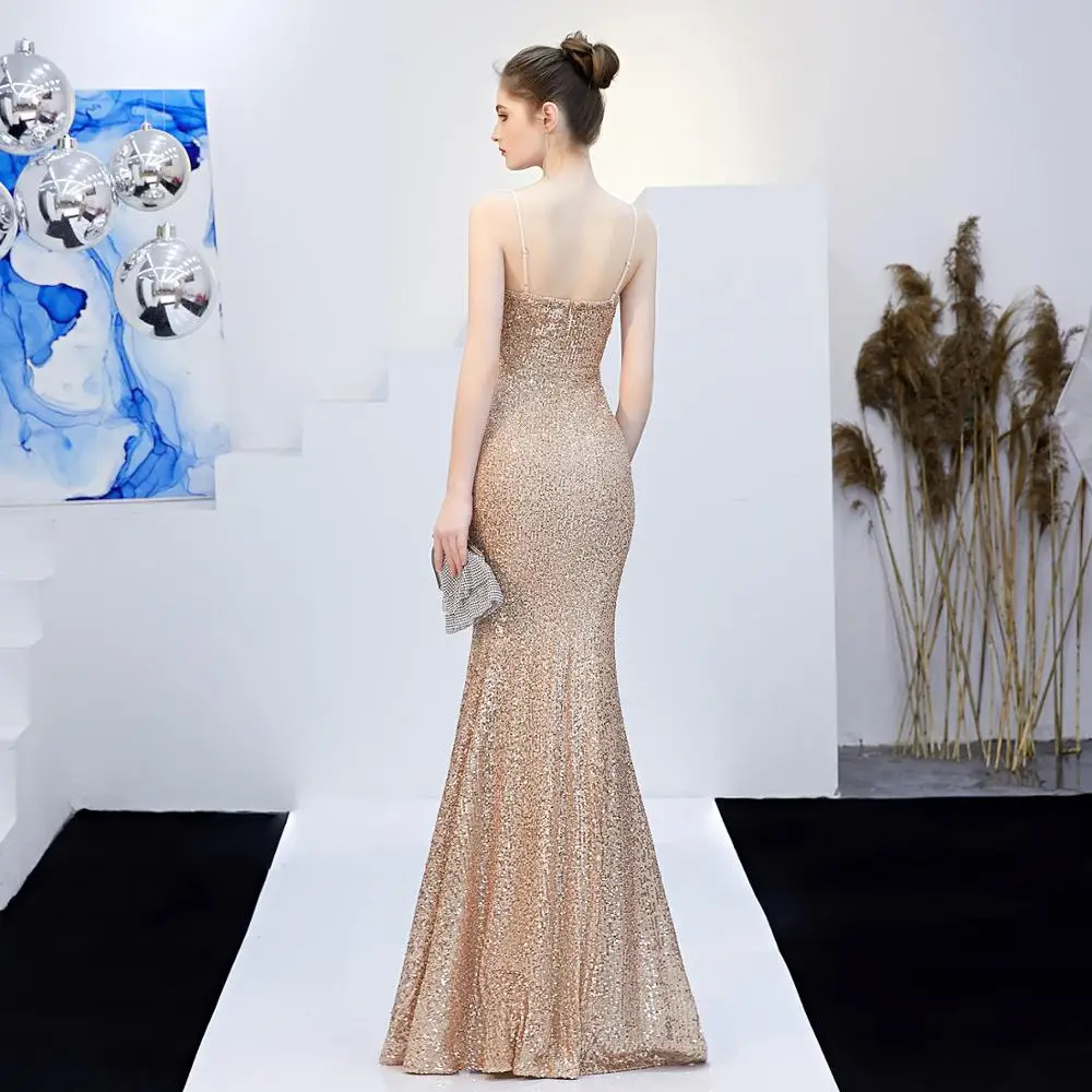 Customized Champagne Mermaid Evening Dresses 2020 Elegant V-neck Sleeveless Sexy Formal Party Long Prom Dresses for Woman WY1777