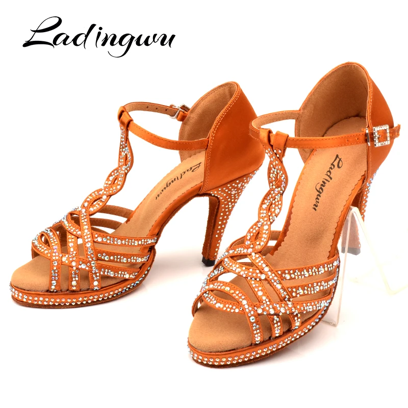 Ladingwu Dance Shoes Latin Women's Shoes Platform Glitter Rhinestone And Women Silk Satin Bronze Black Ballroom Dance Sandals