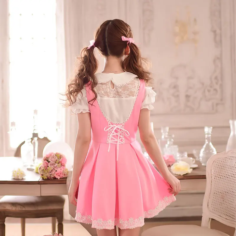 Princess sweet lolita dress Candy rain Japanese style summer cute bow Nail bead Tall waist pleated braces dress C15AB5772