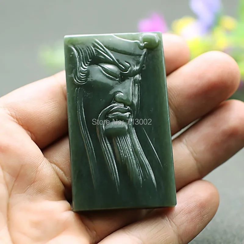 Nature Deep Green jade Pendant Carven Guan Yu God Amulet Necklace TALISMAN Hanging glyptic