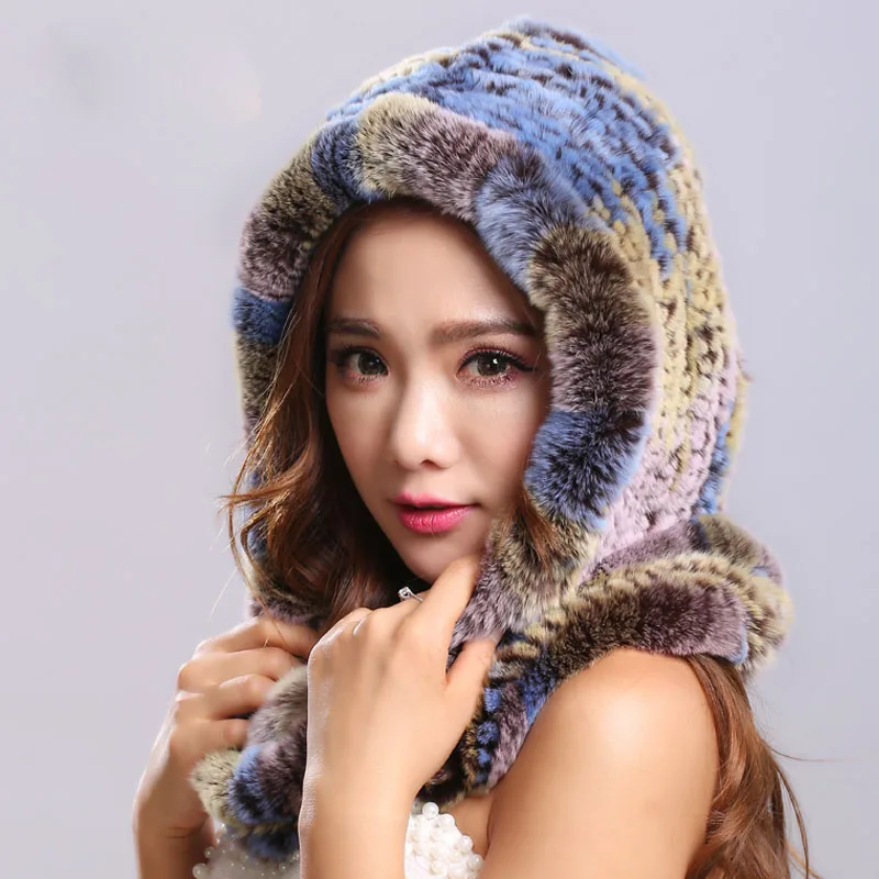 Thick autumn winter warm real rabbit fur scarf and hat Women with a hood rex rabbit fur scarf fur hat pashimina