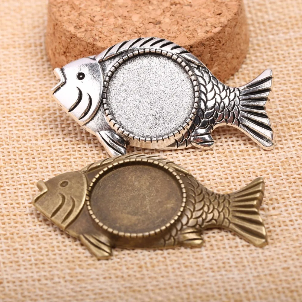 onwear 10pcs fish shape brooch base 20mm cameo cabochon settings diy broche bezel blanks antique silver+antique bronze