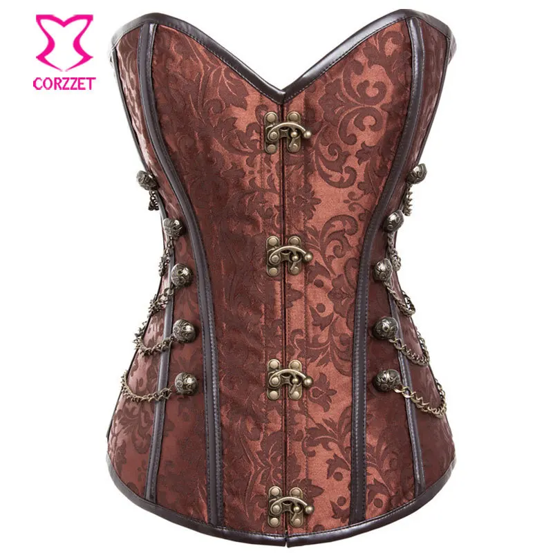 

Brown Brocade Vintage Plus Size Waist Trainer Corset Steampunk Corselet Overbust Steel Boned Corpetes E Espartilhos Para Festa