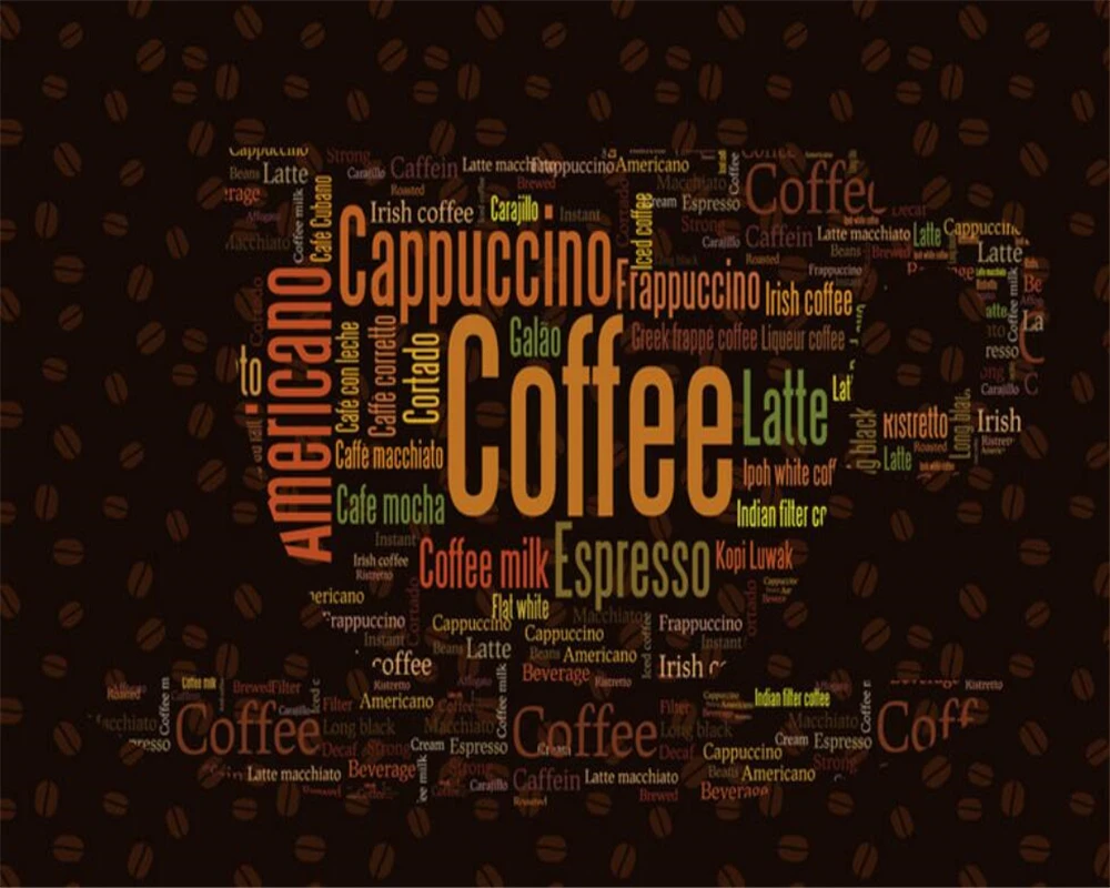 

Обои на заказ с коричневыми буквами, кофейной чашкой, фоном кофейни, декоративной росписью, изображением напитков, рабочей одежды, 3D-фреской