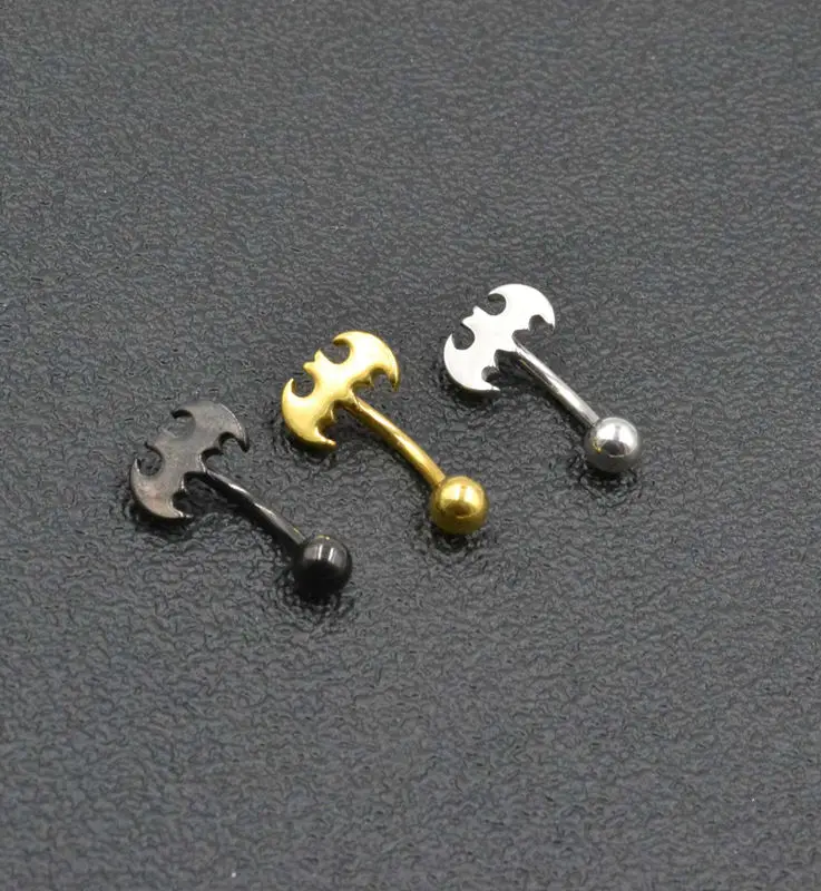 50pcs Stainless Steel Bat Navel Belly Ring Button Navel Bar Body Piercing Jewelry 14G Gold Sliver Black Free Shipping