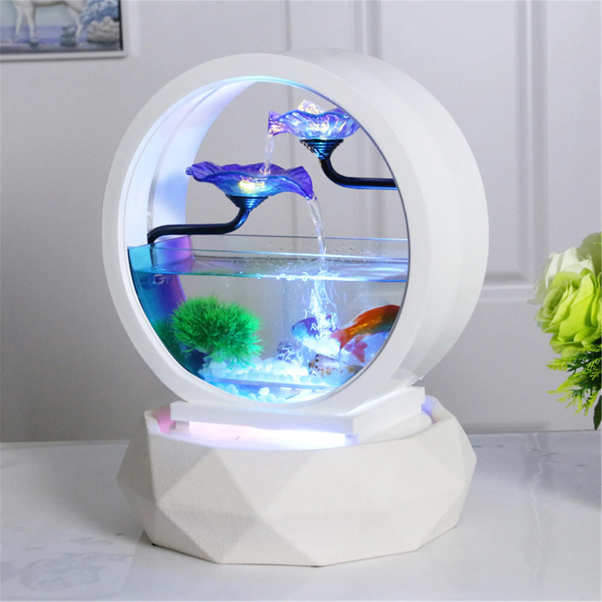 Desktop Water Fountain Small Fish Tank Creativity Table Top Round White Glass Aquarium Office Indoor Decoration Waterfall Kit image 2
