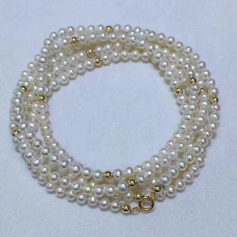 Sinya 3-4mm Natural Pearls 18k Gold Beads Bracelet Necklace Length 45cm or 90cm Optional for Women Girls Mum