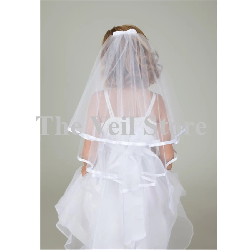 Satin Edge Wedding Flower Girls First communion Veils With Comb Bows White Ivory Children Kids Veils Voiles Fille velos de Novia