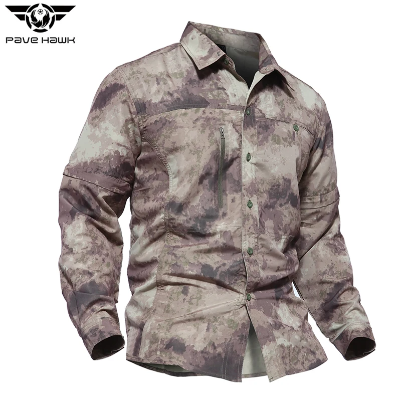 Men Military Shirt Thin quick dry Multi-purpose Pockets Sleeve detachable Camouflage Shirt Scratch-resistant Outdoor Sport Shirt