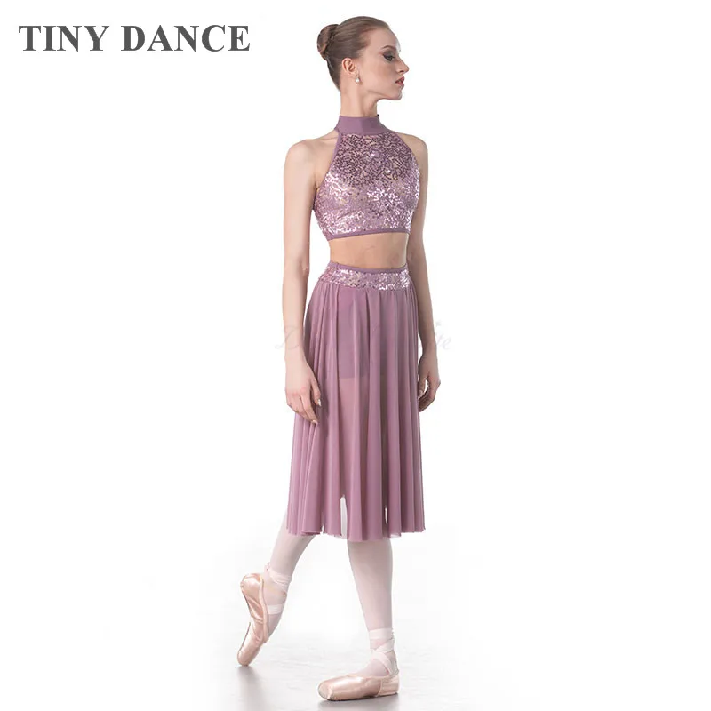 Purple Grey Sequin Lace Bodice Lyrical & Contemporary Dance Costume for Child and Adult Halter Neck Ballet Dancing Dress 18005