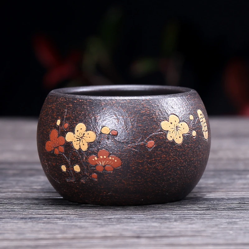 one cup real yixing zisha tea cups wintersweet flower relief handmade kungfu tea cup marked black galaxy clay cup of tea on sale