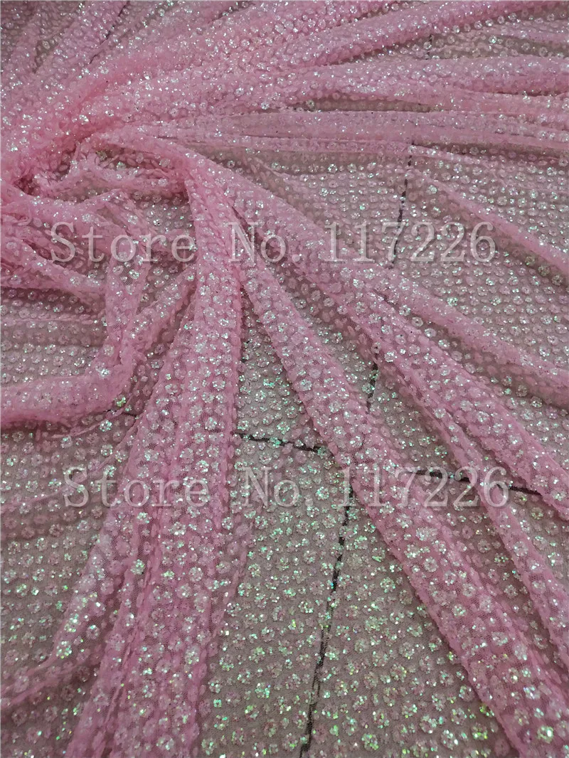 

Hot selling JRB-9414 glued glitter sequins lace fabric African French net tulle Lace Fabric for party in light pink color