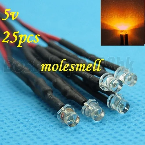 

Free shipping 25pcs 3mm 5v Flat Top Orange LED Lamp Light Set Pre-Wired 3mm 5V DC Wired 3mm big/wide angle Orange 5v led