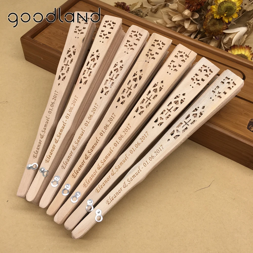 Free shipping,Hot selling 100 pcs/lot Printed Personalized Folding Wooden Carved Hand Fan wedding Invitations Party favors