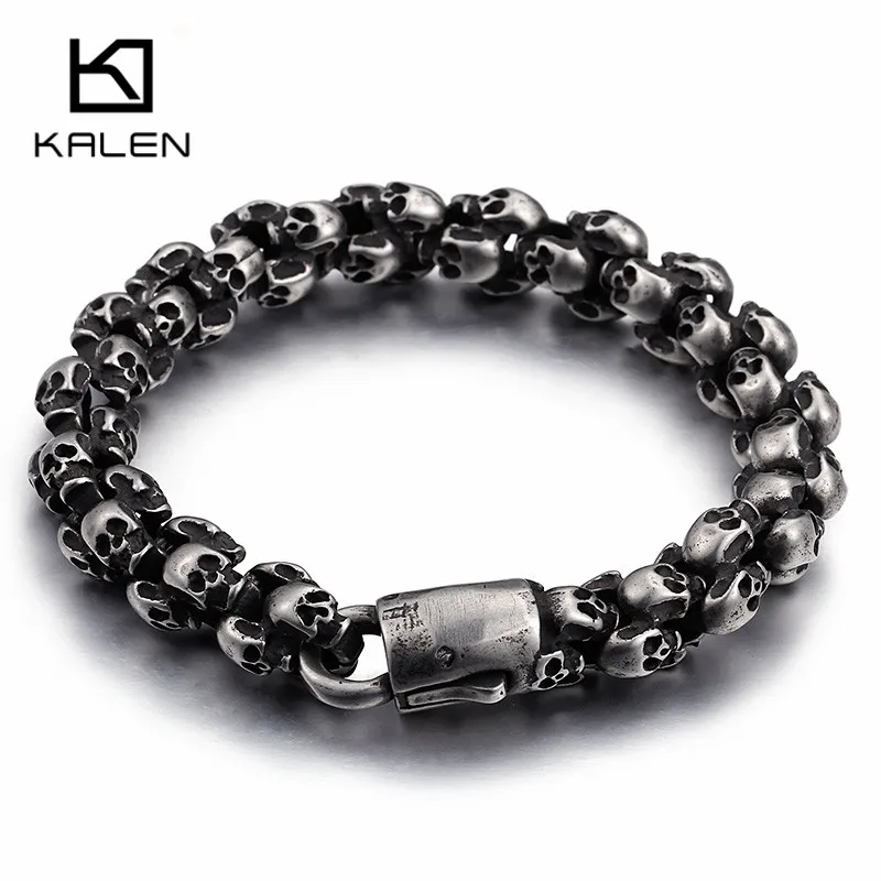 Kalen Punk Long Matte Skull Necklace & Bracelets For Men Stainless Steel Brushed Skull Charm Link Chain Male Gothic Jewelry