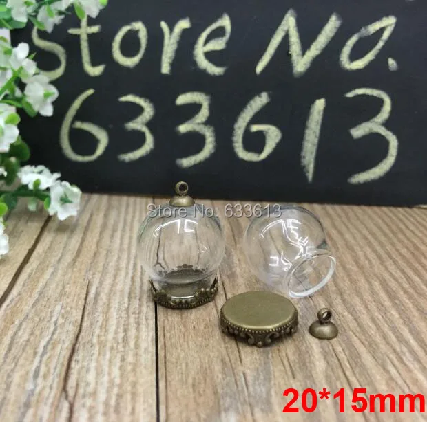 

Free ship!!! 100sets/lot 20*15mm glass globe & bronze crown base & 6mm cap set glass globe set glass vial pendant glass cover