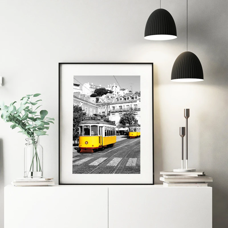 Portugal Lisbon Historic Architectural Posters and Prints Black White Wall Pictures Decor Old Street Yellow Tram Canvas Painting