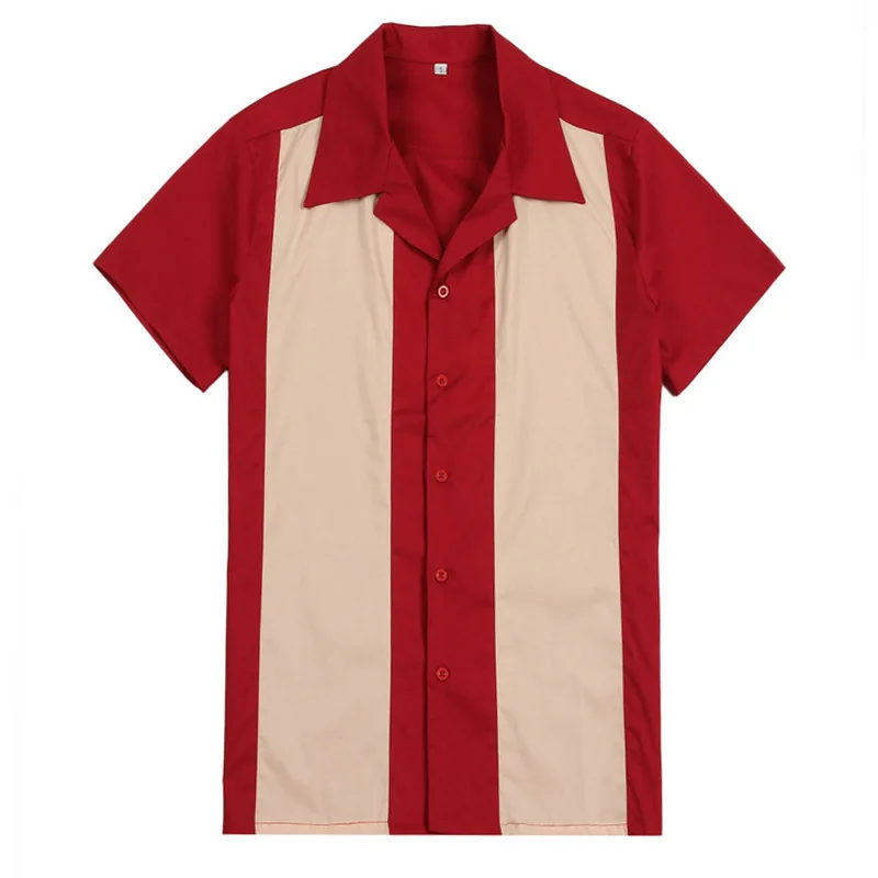 

Vertical Striped Shirt Men Designer Shirts Red Short Sleeve Camiseta Retro Hombre Bowling Button-Down Dress Men's Shirts Cotton