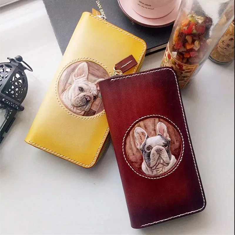 Handmade Ladies Lovely Pet Dog Wallets Purses Women Long Clutch Vegetable Tanned Leather Wallet Card Holder Birthday Present