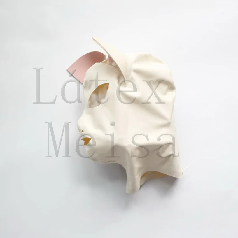 

Women's full Head White Latex hoods cat masks attached pink ears open eyes mouth and nostrils with back zip