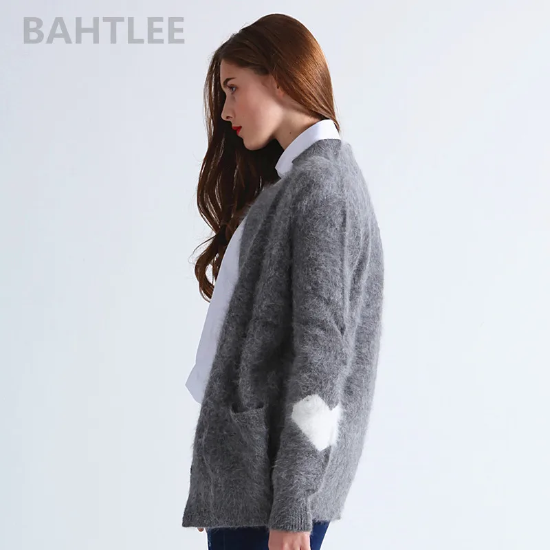 BAHTLEE-Women\'s Angora Jumper Cardigans, Knitting Sweater, Loose, Casual, Heart Pattern, Turn Down Collar, Keep Warm, Autumn, Wi