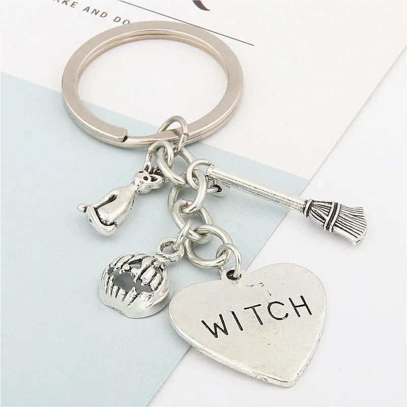 1pc Halloween Day Pumpkin Keyring Witchy Keychain Cat Key Chains Gothic Broomstick Charms Gift For Witch Lover Jewlery E1645