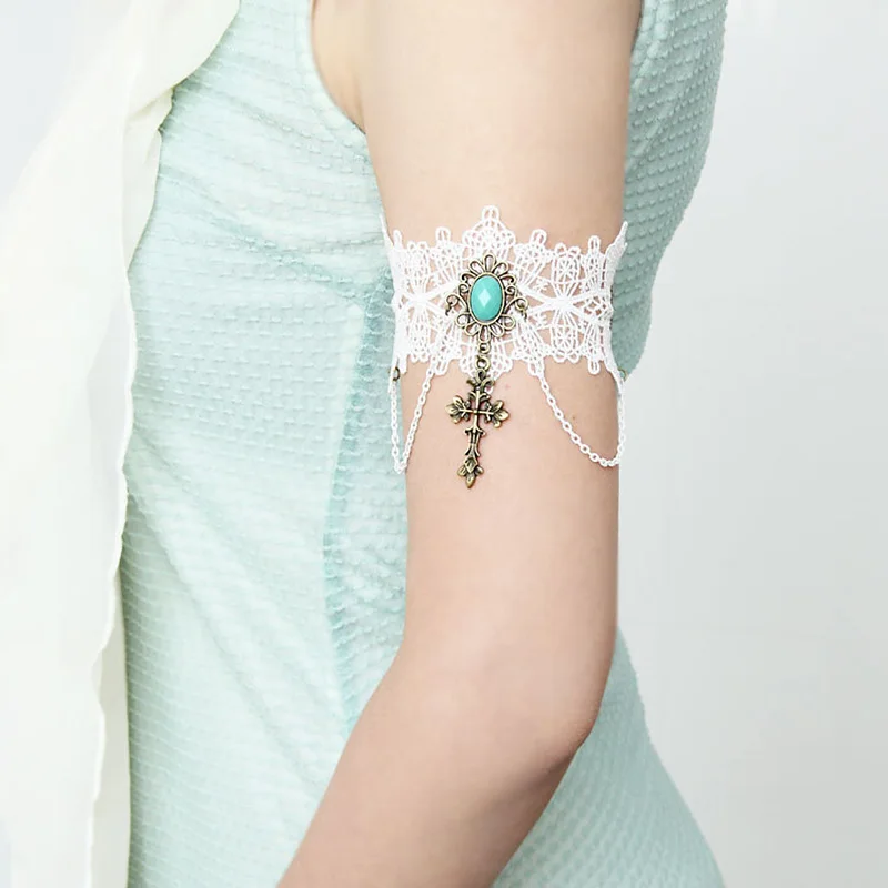 New Armlet Bracelets for Women Handmade Flower White Lace Stone Cross Drop  Arm Band Armband Wedding Bridal Gothic Lady Jewelry