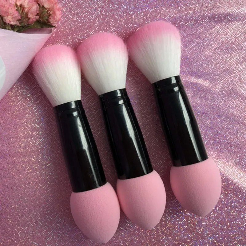 1pc Professional Blush Brush Soft Nylon Hair Make Up Brushes Two Head Metal Handle Blusher Cosmetic Tools with Foundation Sponge