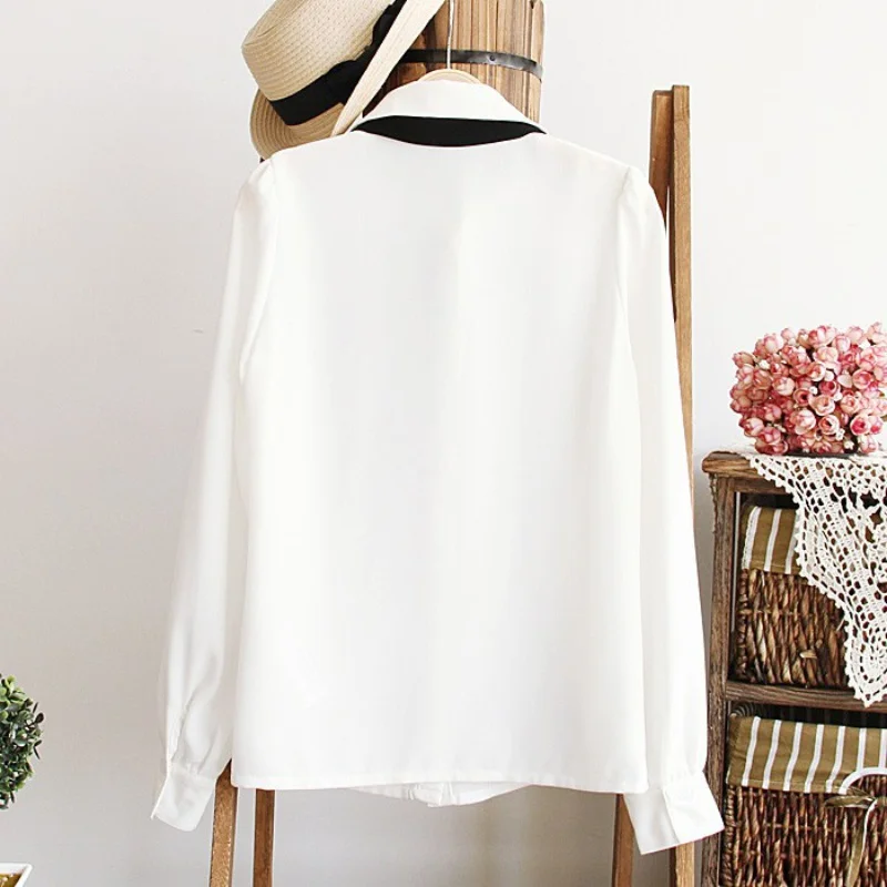 Fashion Female Elegant Bow Tie White Blouses Chiffon Peter Pan Collar Casual Shirt Ladies Blouse