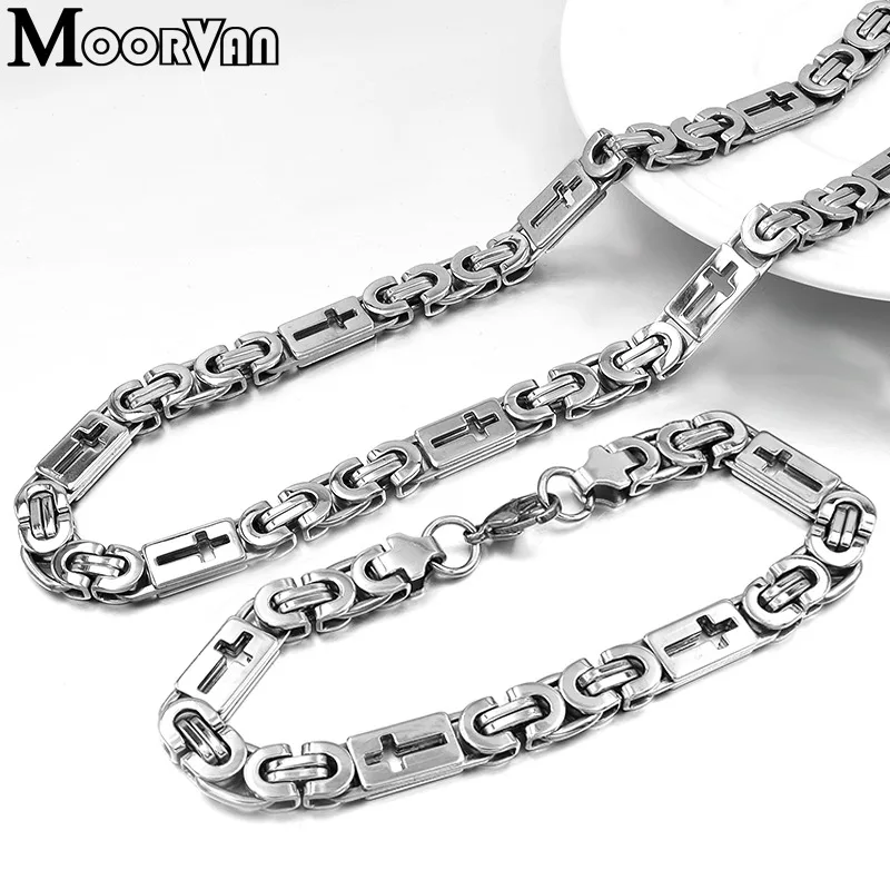 Moorvan unique flat byzantine necklace/bracelet (55cm+22cm) men chain link cross jewelry set VBD028