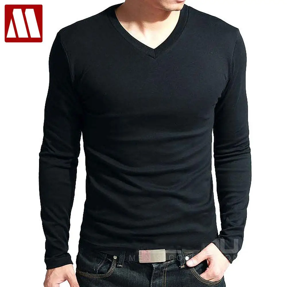 2024 Spring High-elastic Cotton T-shirts Male V Neck Tight T Shirt Hot Sale New Men\'s Long Sleeve Fitness Tshirt Asia size S-5XL