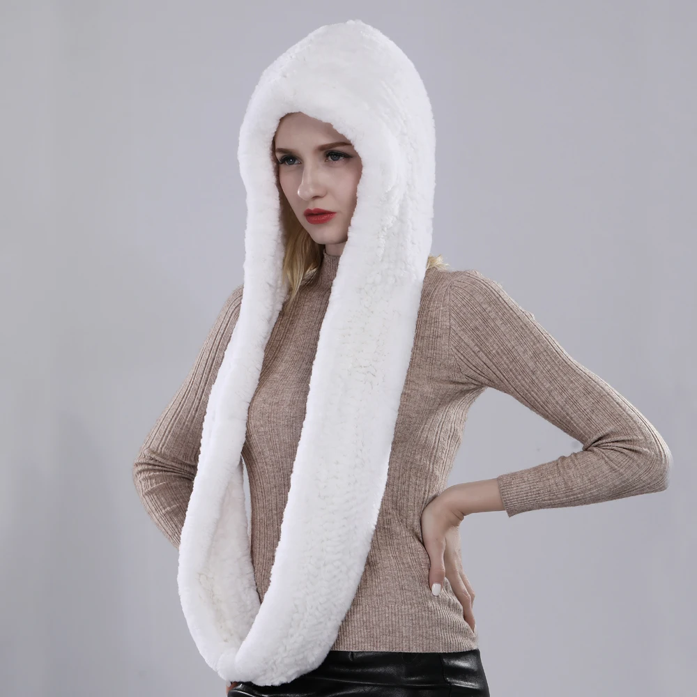 Hot Sale Winter Women Real Fur Hat Scarves Female Knitted Natural Rex Rabbit Fur Hooded Scarves Warm Knit Genuine Fur Caps Scarf