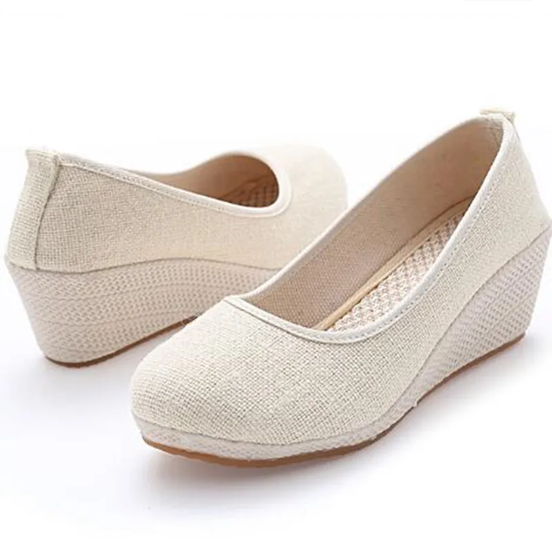 Women\'s Pure Color Vintage Hemp Wedge Pumps Round Toe Casual Lady Mid Heel Walking Shoes Slip-on Closed Toe Espadrilles