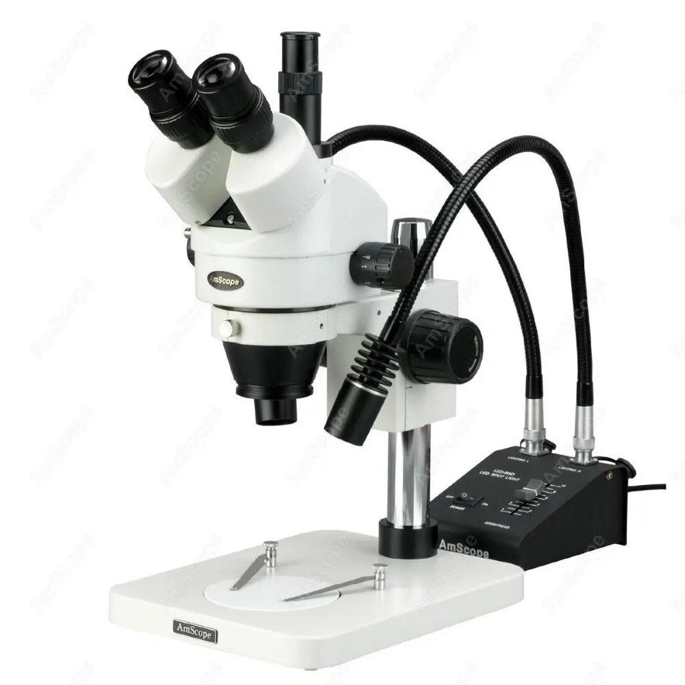 AmScope Zoom Trinocular Stereo Microscope 3.5X-90X+ 6W Dual-Gooseneck LED Illuminator on Pillar Stand