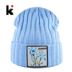 Knitted Hats For Women Streetwear Skullies Beanies With Flower Patch Spring Autumn Knitting Gorra Men Winter Casual Bonnet Cap