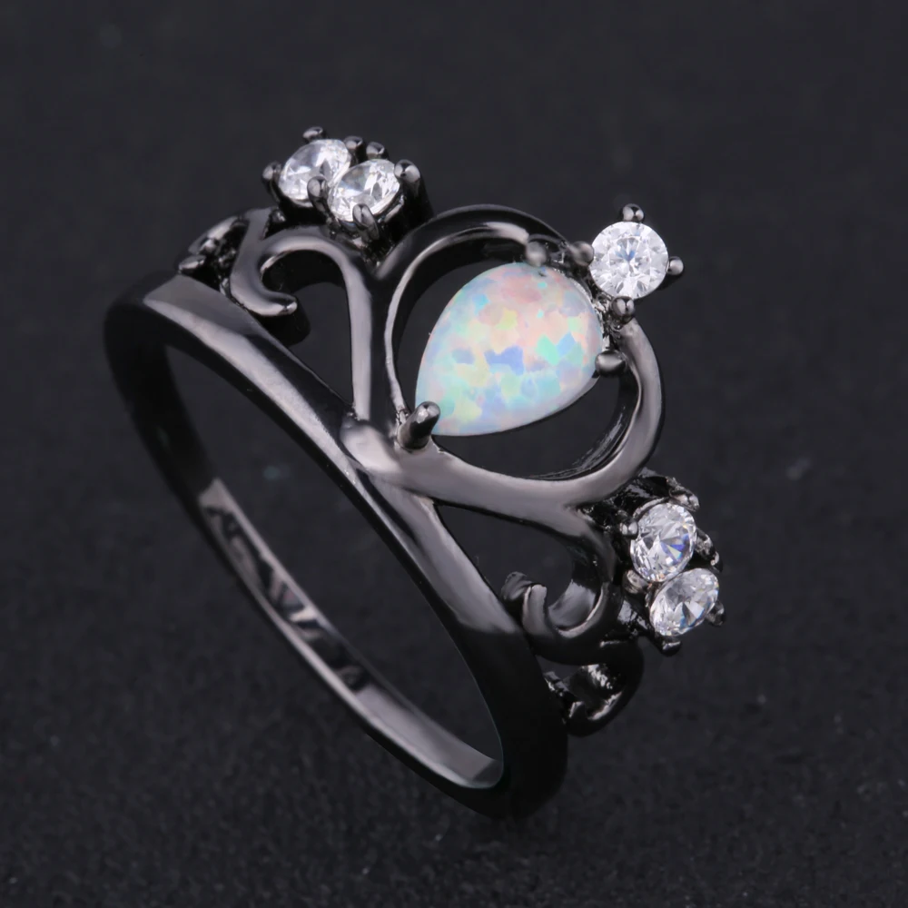 fashion Black Gun Plated Elegant Crown Shaped blue Fire Opal Ring With AAA Cubic Zircon Best Gift Wedding Ring White Opal