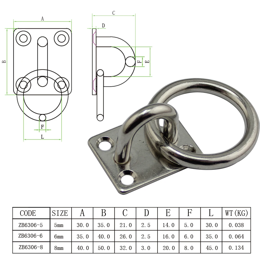 Stainless Steel Square Pad Eye Plate Eye Hook + Ring Marine Boat 304 stainless steel Ring Square Eye Plate 5mm 6mm 8mm