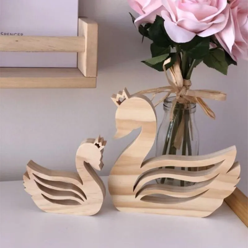 2Pcs Natural Wooden Swan Cute Animals Blocks Toy Emulation Swan Models Baby Kids Learning Toys