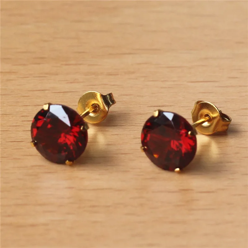 Stainless Steel Gold-color Vacuum Plating With 8mm Round AAA Pomegranate Red Zircon Stud Earrings 201903011428