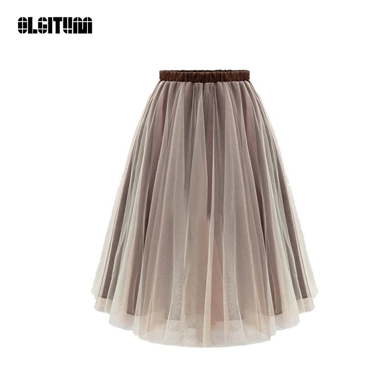 

2019 Fashion Summer TuTu Skirt Elegant Women Wild Elastic Waist Pleated Mesh Skirts Women Plus Size S- XL