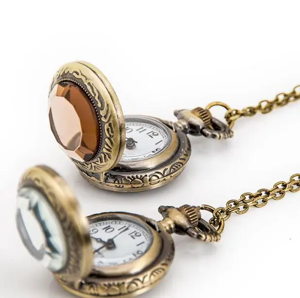 Antique Dark Brown White Glass Necklace Quartz Pocket Watch Bronze Chain Gift P05