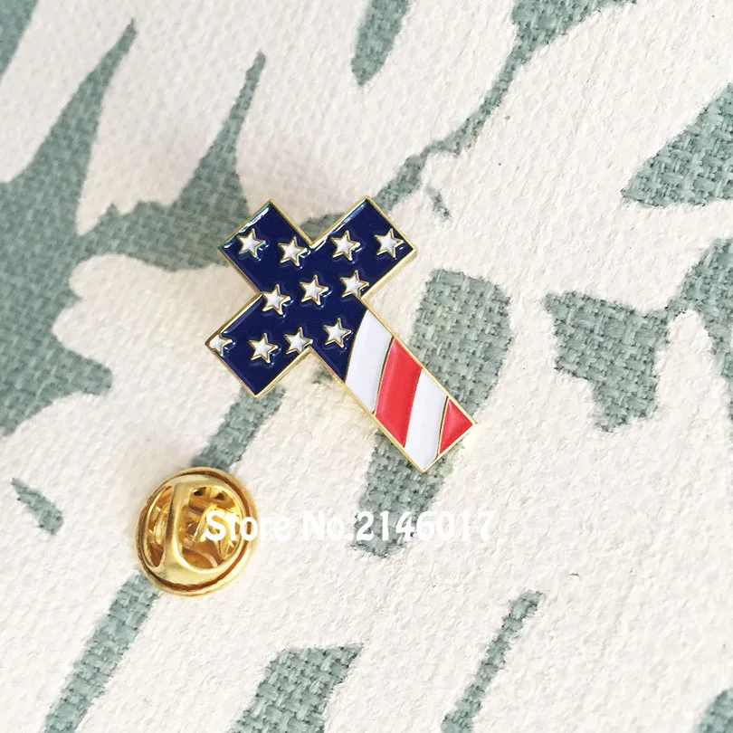 50pcs Custom Enamel Lapel Pins Brooch Christian Cross Pin Badge with USA Flag American US Patriotic Religious Jewelry