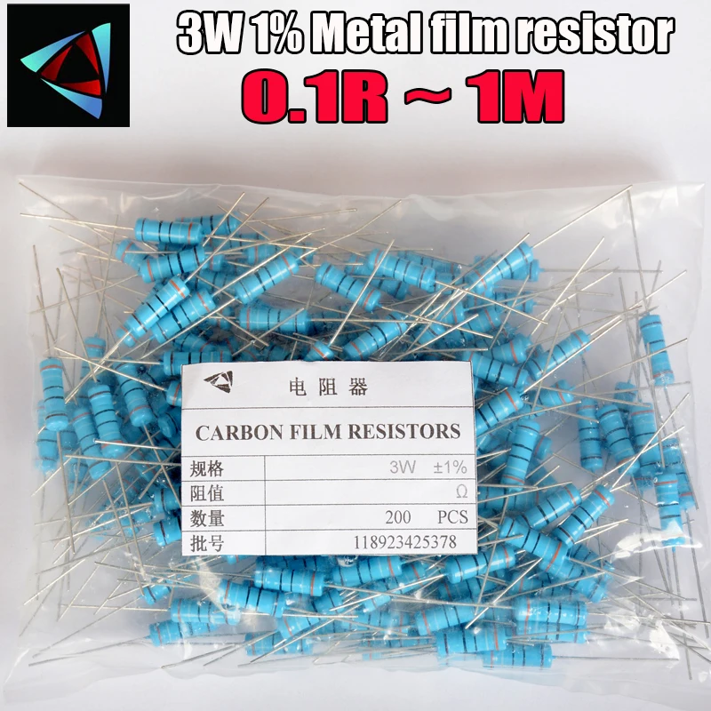 100Pcs 3W Metal film resistor 1% 0.1R ~ 1M 1R 4.7R 10R 22R 33R 47R 1K 4.7K 10K 100K 0.22 0.33 0.47 0.68 0.82 0.91 Ohm