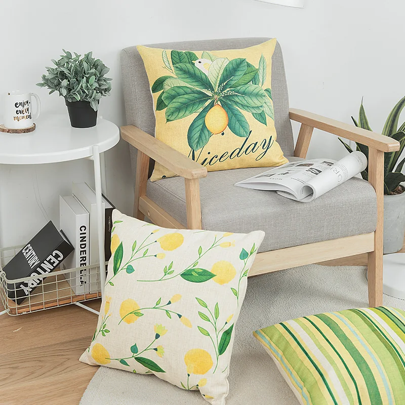 Cushion Cover Pillow Case Leaves Camellia Floral Yellow Green Bud Sofa Seat Cotton Linen Home Decorative 45*45cm Pillow Cover