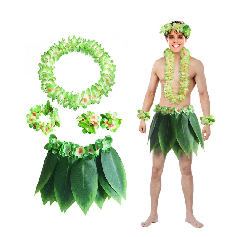 5pcs/set Hawaiian Artificial Tropical Leaves Flower Skirt Hula Boho Party Hawaii Decoration Wreath Skirt Beach Holiday Costume